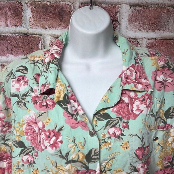 Vintage 90s CM Company Hawaiian Shirt Large Green Pink Floral Button Down V Neck - Picture 7 of 7